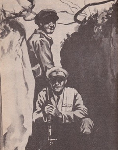 Este cuadro, realizado por Gil Coimbra —pintor beniano que registró plásticamente varias escenas y personajes de la contienda—, muestra a dos soldados bolivianos en una trinchera